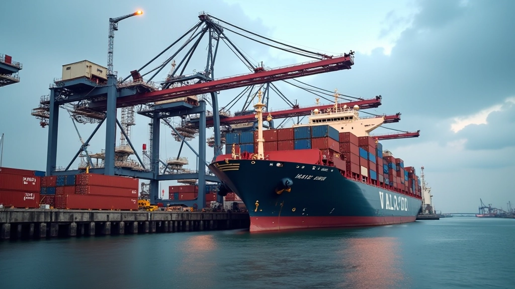 Amerikanischer Hafen mit Frachtschiff und Containerumschlag, moderne Hafeninfrastruktur