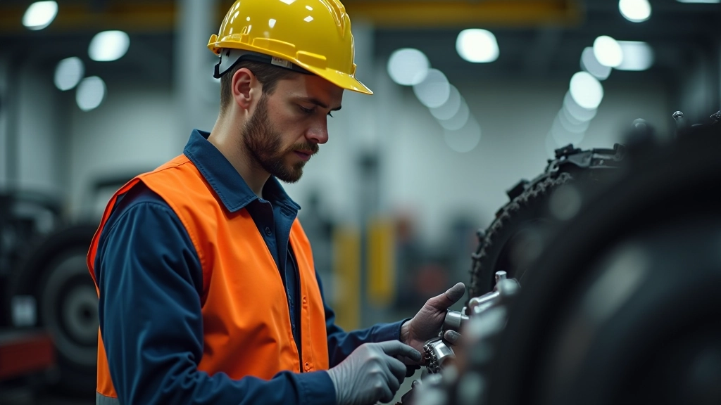 Fabrikarbeiter in Sicherheitsausrüstung überprüft Autoteile in Produktionshalle