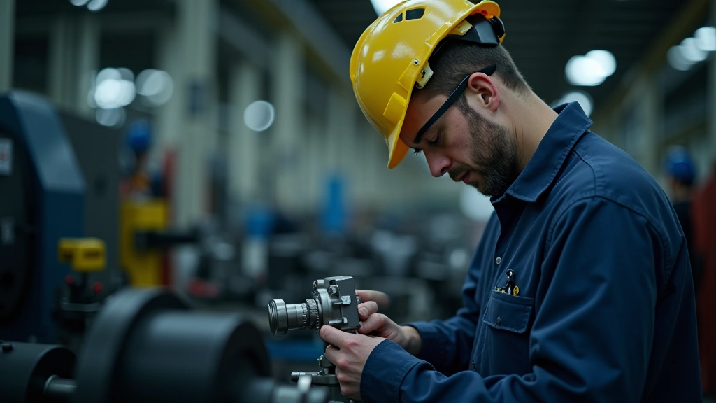 Fabrikarbeiter in Schutzausrüstung inspiziert hochwertige Maschinenteile