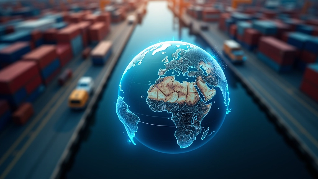 Globale Handelsrouten auf einer Weltkarte mit Schiff und Container