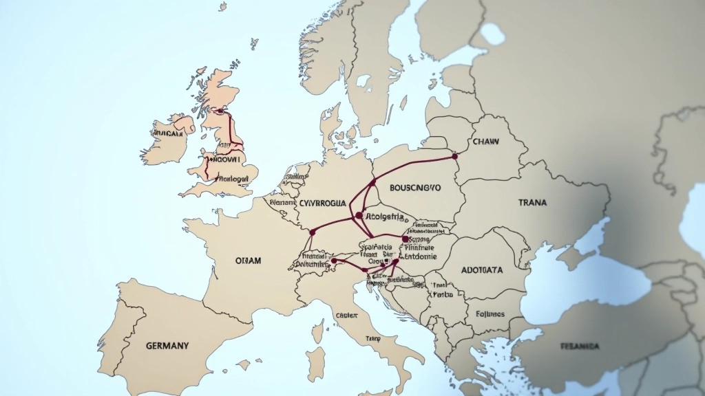 Europäische Landkarte mit markierten Handelswegen und Exportrouten, farblich gekennzeichnete Länder