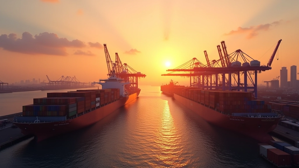 Modernes Hafenterminal in Asien mit Hochseeschiffen und modernen Containerkränen