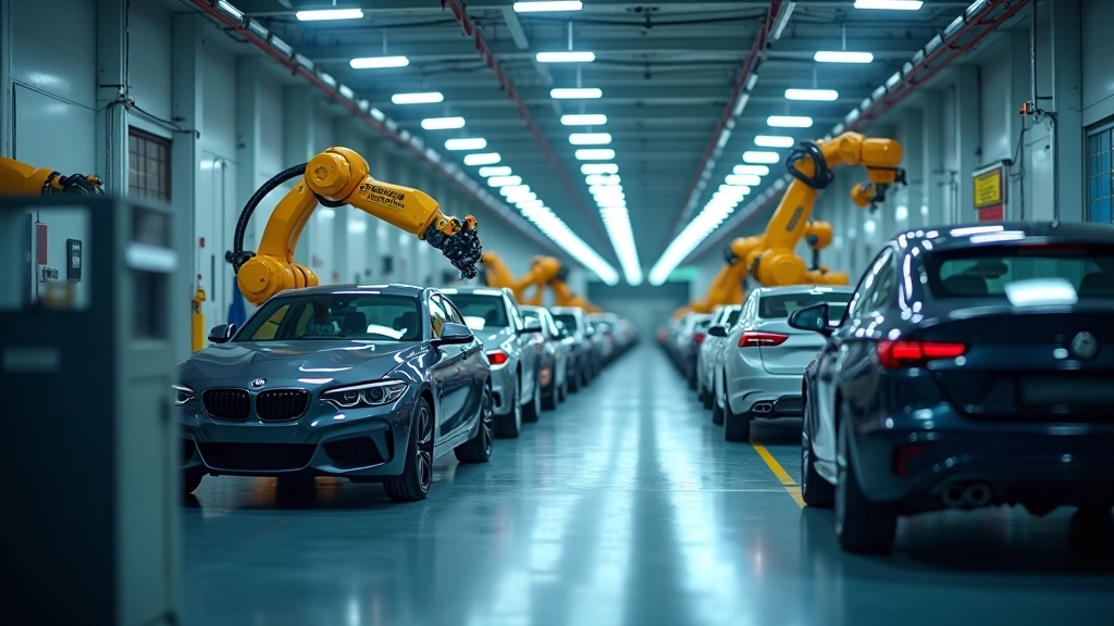 Hochmoderne Autofabrik mit Fließband und Robotern, industrielle Beleuchtung, Montagestraße