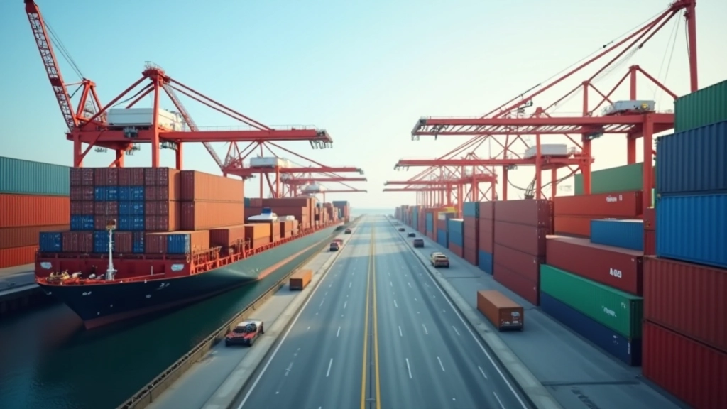Containerhafen mit Frachtchiffen und modernem Logistik-Terminal, symbolisiert internationale Handelsverbindungen