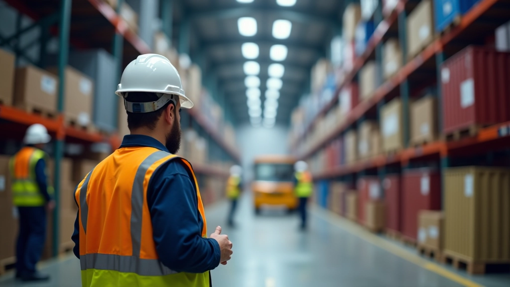 Modernes Logistikzentrum mit Containern und Gabelstaplern, professionelle Beleuchtung, Weitwinkelaufnahme