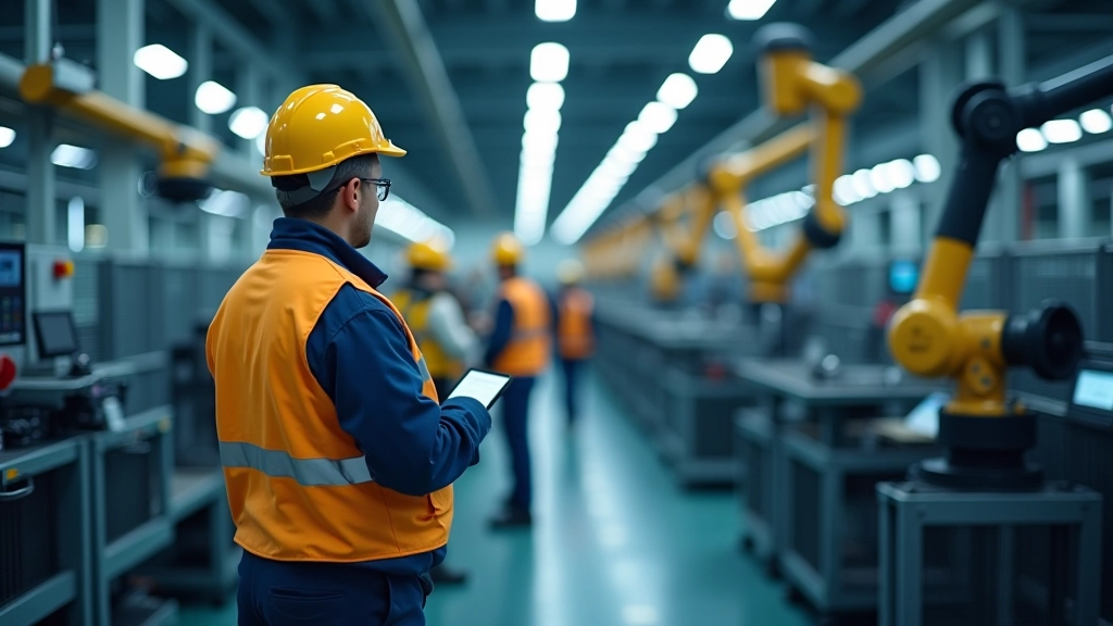 Moderne Fabrik mit automatisierten Produktionslinien und Robotertechnologie in einem Hightech-Fertigungswerk