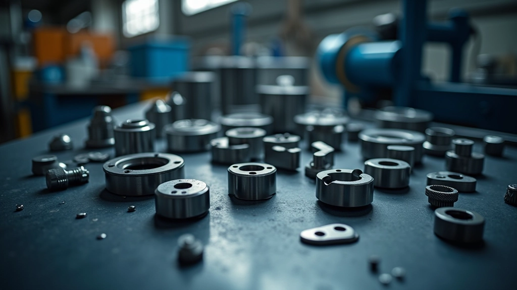 Maschinenbaukomponenten und Präzisionsteile auf Werkstattisch, metallische Oberflächen
